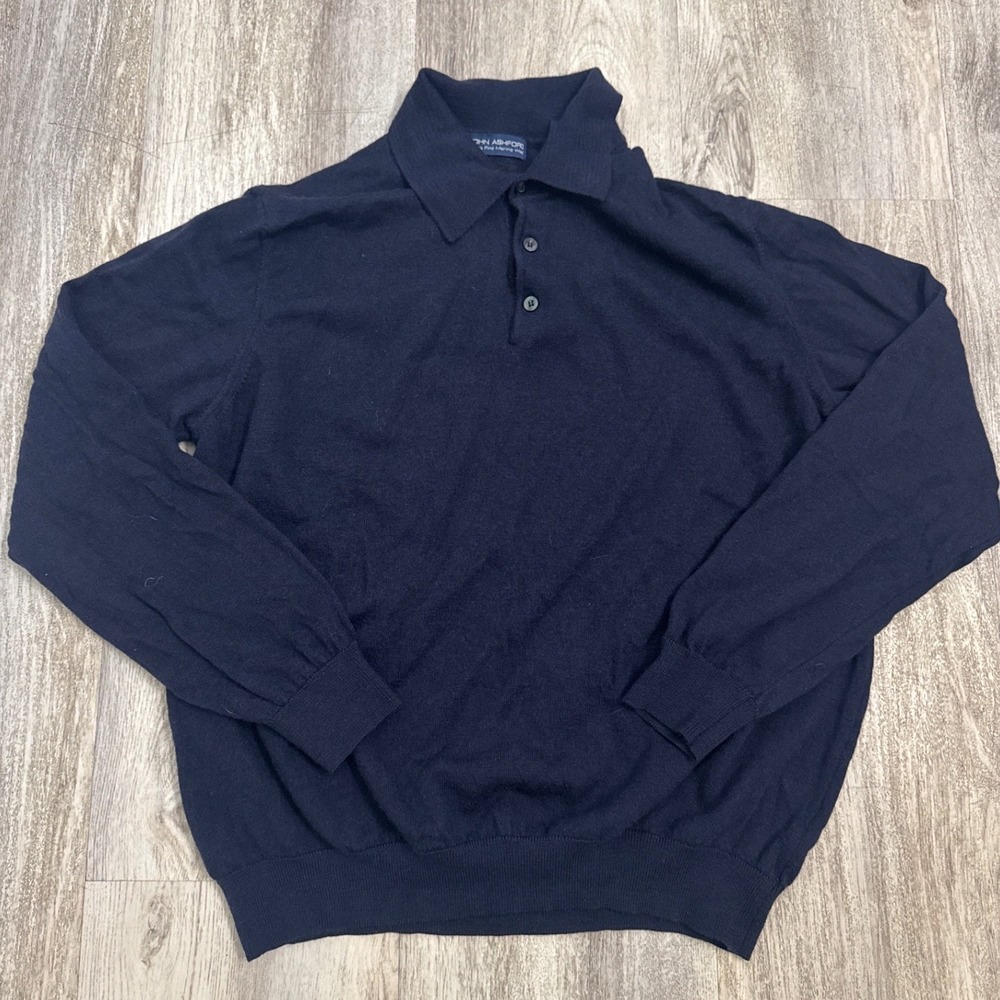 John‎ Ashford Mens XL Navy Blue 100% Extra Fine Merino Wool Polo Sweater Large